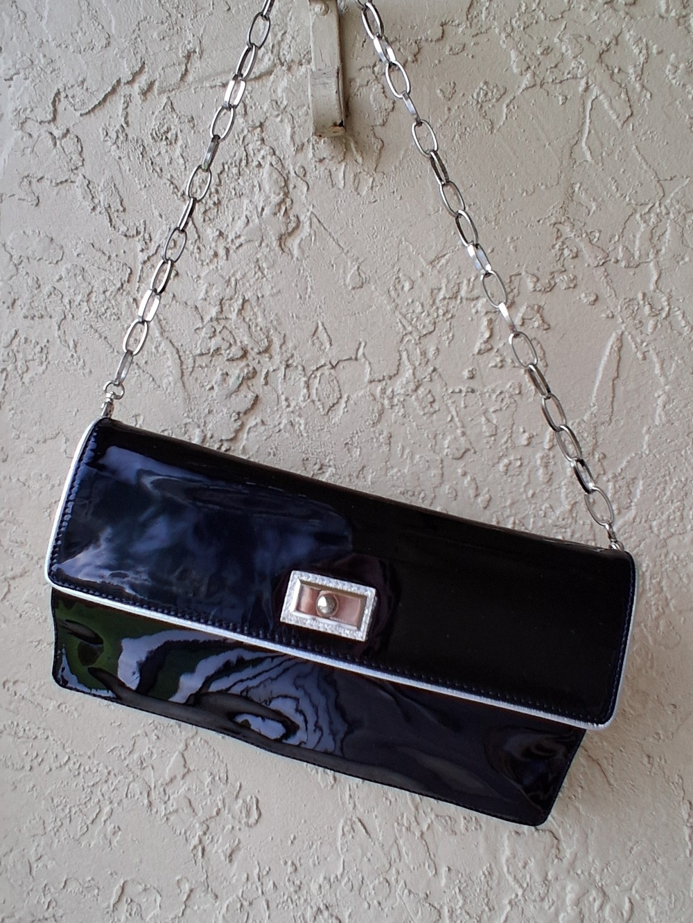 Coccobelle Sleek Black Patent Leather Chain-Handle Evening Clutch